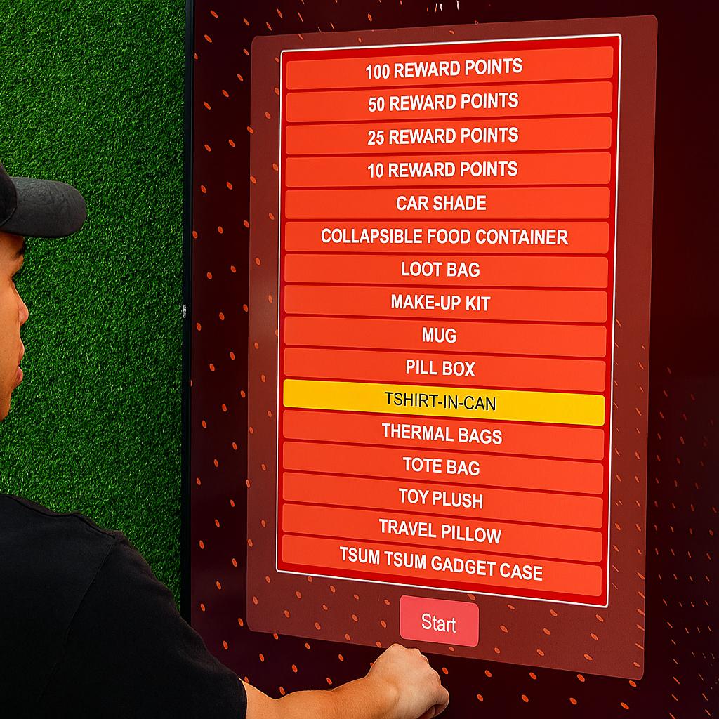 Guest playing interactive event game at exhibition booth in Dubai, pressing button to win prize, with branded screen display and selfie sharing feature for engagement.